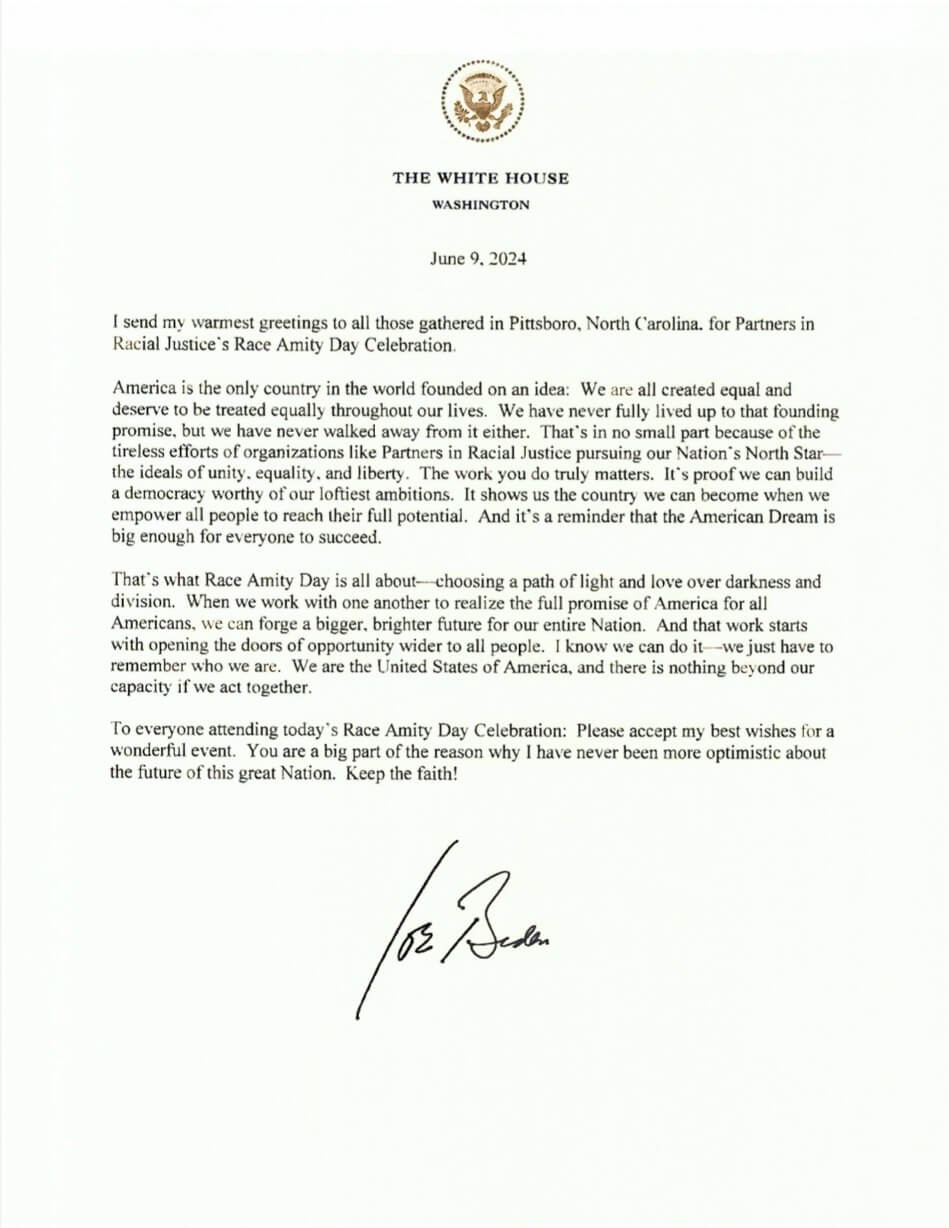 Letter from President Biden to Race Amity Day celebrators, June 2024